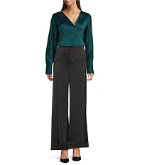 Donna Karan Hammered Satin V-Neck Long Sleeve Popover Blouse