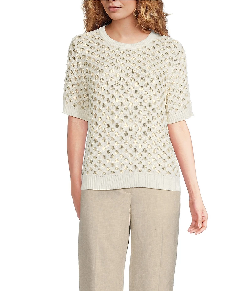 Donna Karan Honeycomb Crew Neck Short Sleeve Sweater