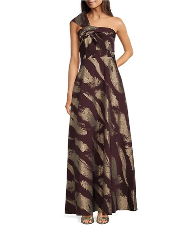 Donna Karan Jacquard Off-The-Shoulder Abstract Print Long Gown