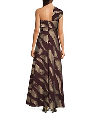 Donna Karan Jacquard Off-The-Shoulder Abstract Print Long Gown