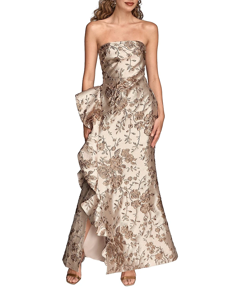 Donna Karan Jacquard Strapless Metallic Floral Print Ruffle Gown