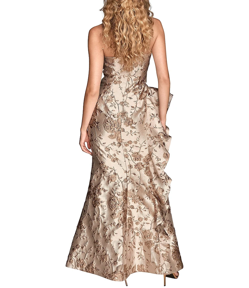 Donna Karan Jacquard Strapless Metallic Floral Print Ruffle Gown