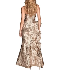 Donna Karan Jacquard Strapless Metallic Floral Print Ruffle Gown