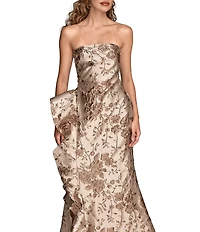 Donna Karan Jacquard Strapless Metallic Floral Print Ruffle Gown
