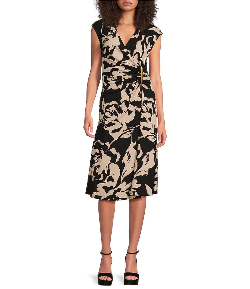 Donna Karan Jersey V-Neck Sleeveless Ruched Gold Broach Midi Sheath Dress
