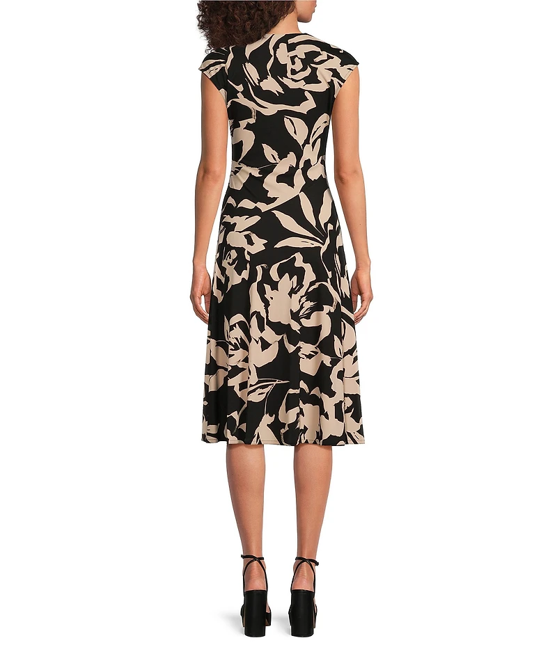 Donna Karan Jersey V-Neck Sleeveless Ruched Gold Broach Midi Sheath Dress
