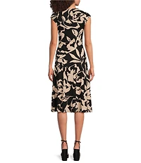Donna Karan Jersey V-Neck Sleeveless Ruched Gold Broach Midi Sheath Dress
