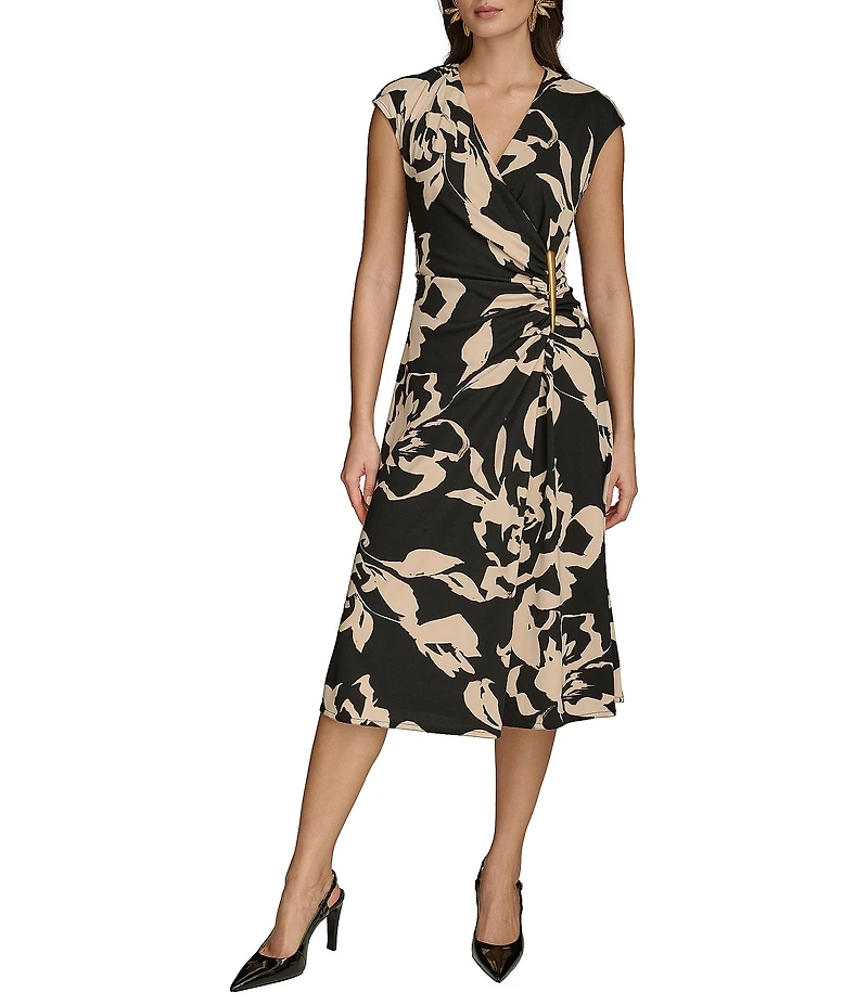 Donna Karan Jersey V-Neck Sleeveless Ruched Gold Broach Midi Sheath Dress