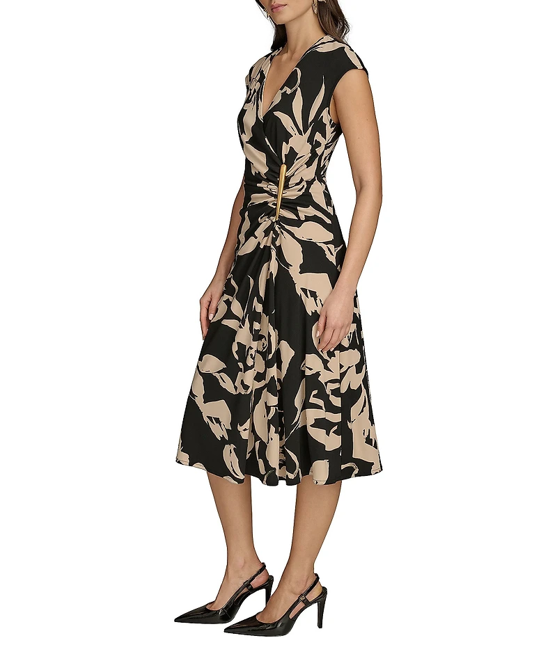 Donna Karan Jersey V-Neck Sleeveless Ruched Gold Broach Midi Sheath Dress