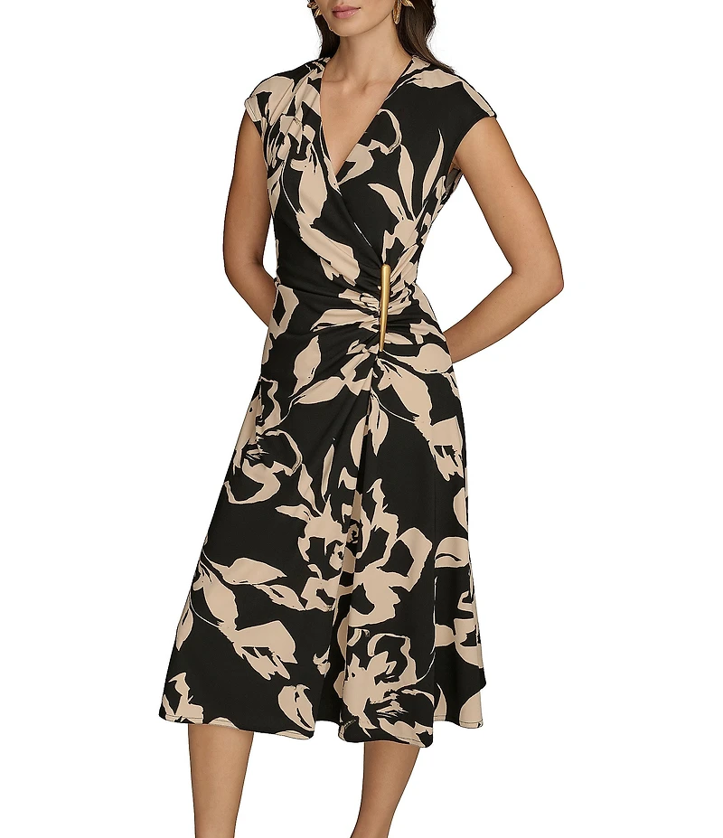 Donna Karan Jersey V-Neck Sleeveless Ruched Gold Broach Midi Sheath Dress