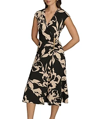 Donna Karan Jersey V-Neck Sleeveless Ruched Gold Broach Midi Sheath Dress