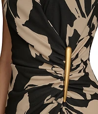 Donna Karan Jersey V-Neck Sleeveless Ruched Gold Broach Midi Sheath Dress