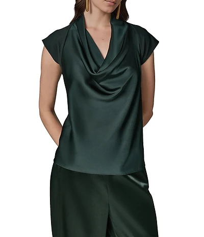 Donna Karan Knit Crepe Jersey Cowl Neck Cap Sleeve Mix Media Top