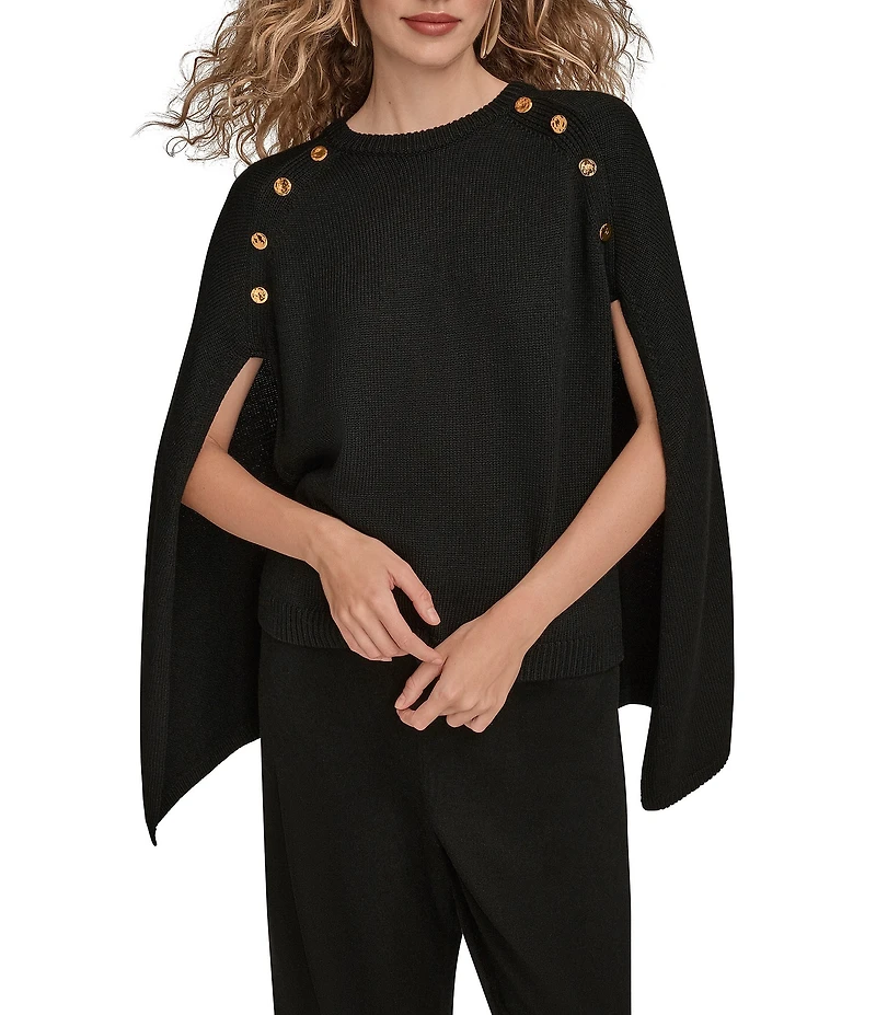 Donna Karan Knit Crew Neck Shoulder Button Embellished Cape