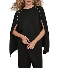 Donna Karan Knit Crew Neck Shoulder Button Embellished Cape
