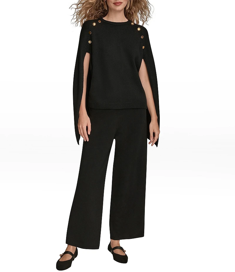 Donna Karan Knit Crew Neck Shoulder Button Embellished Cape