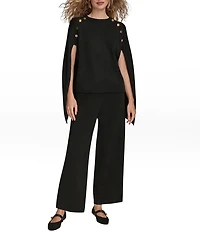 Donna Karan Knit Crew Neck Shoulder Button Embellished Cape