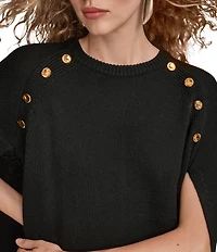 Donna Karan Knit Crew Neck Shoulder Button Embellished Cape