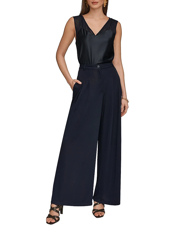 Donna Karan Knit Jersey Pleated Wide Leg Pants