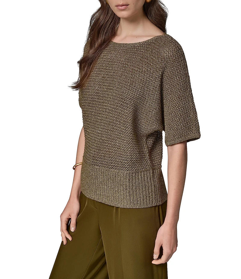 Donna Karan Knit Metallic Crew Neck Short Sleeve Oversized Sweater Top
