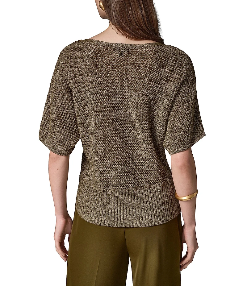 Donna Karan Knit Metallic Crew Neck Short Sleeve Oversized Sweater Top