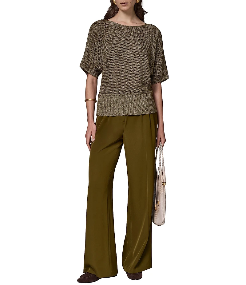 Donna Karan Knit Metallic Crew Neck Short Sleeve Oversized Sweater Top