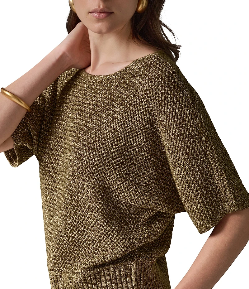 Donna Karan Knit Metallic Crew Neck Short Sleeve Oversized Sweater Top