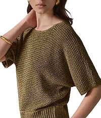 Donna Karan Knit Metallic Crew Neck Short Sleeve Oversized Sweater Top