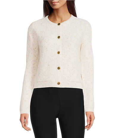 Donna Karan Knit Round Neck Long Sleeve Button Front Cropped Cardigan