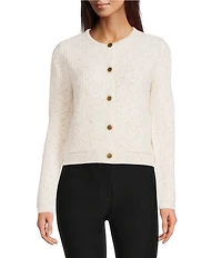 Donna Karan Knit Round Neck Long Sleeve Button Front Cropped Cardigan