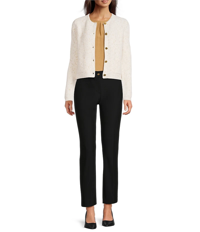 Donna Karan Knit Round Neck Long Sleeve Button Front Cropped Cardigan