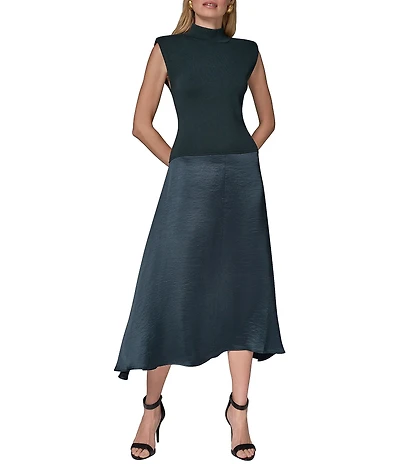 Donna Karan Knit Top Woven Skirt Mix Media Cowl Neck Cap Sleeve Dress