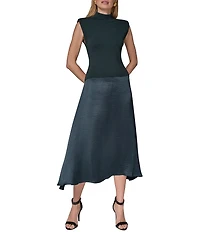 Donna Karan Knit Top Woven Skirt Mix Media Cowl Neck Cap Sleeve Dress