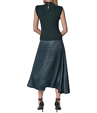 Donna Karan Knit Top Woven Skirt Mix Media Cowl Neck Cap Sleeve Dress