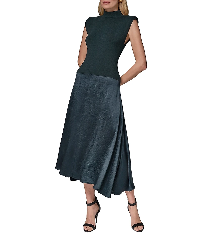 Donna Karan Knit Top Woven Skirt Mix Media Cowl Neck Cap Sleeve Dress