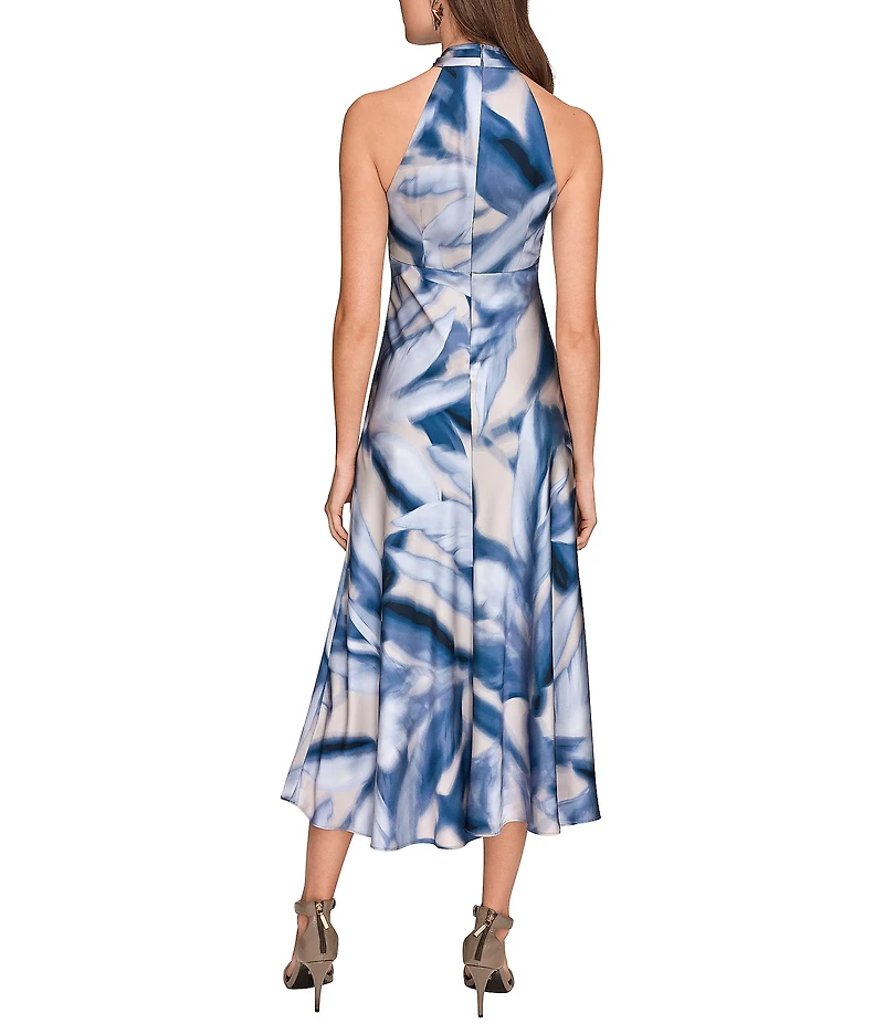 Donna Karan Leaf Print Charmeuse Halter Neck Sleeveless Gown
