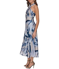 Donna Karan Leaf Print Charmeuse Halter Neck Sleeveless Gown