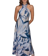 Donna Karan Leaf Print Charmeuse Halter Neck Sleeveless Gown