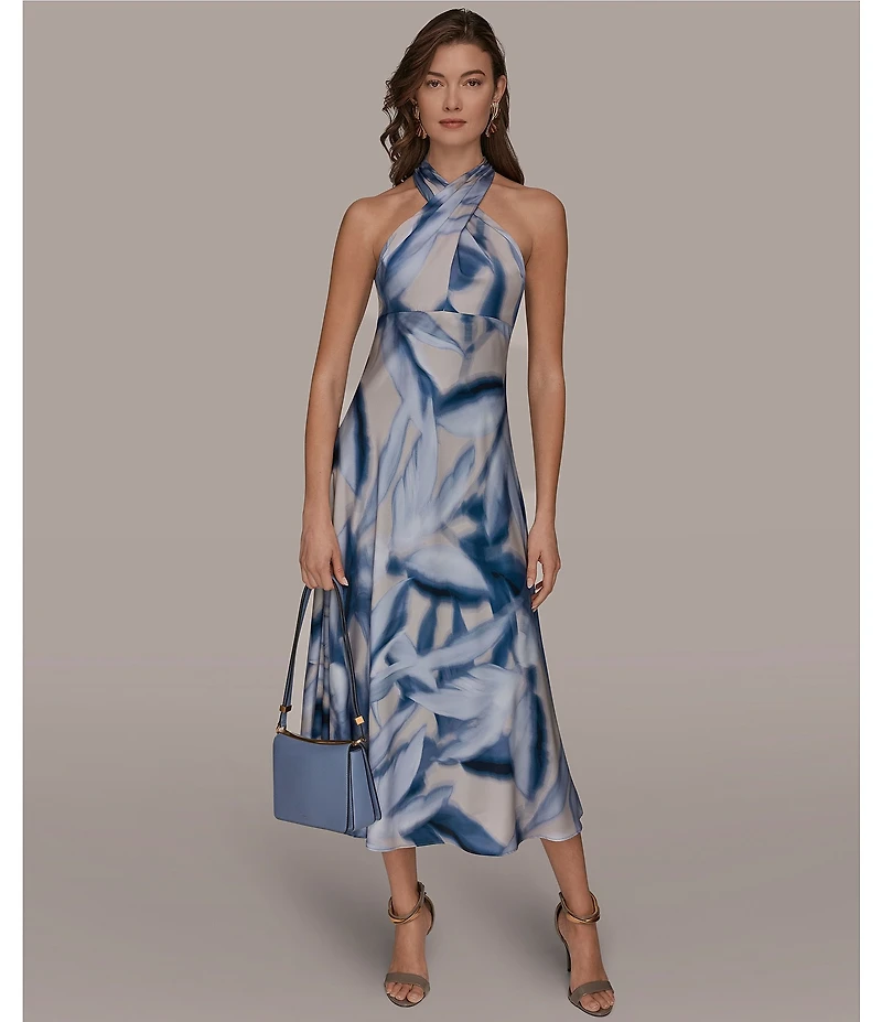 Donna Karan Leaf Print Charmeuse Halter Neck Sleeveless Gown