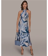 Donna Karan Leaf Print Charmeuse Halter Neck Sleeveless Gown