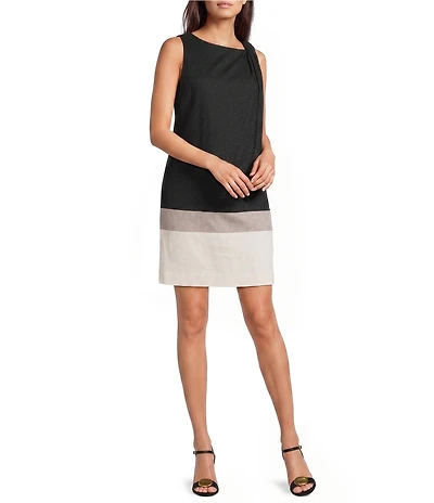 Donna Karan Linen Blend Colorblock Boat Neck Sleeveless Shift Dress