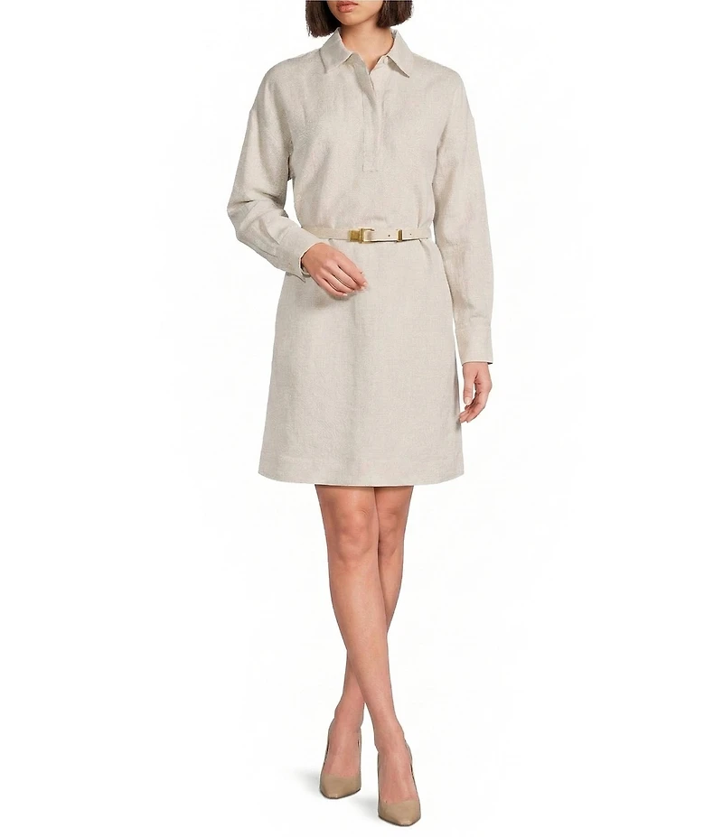 Donna Karan Linen Blend Point Collar Long Sleeve Belted Shirt Dress