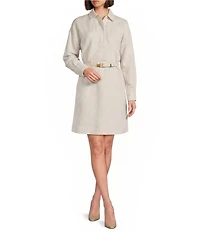 Donna Karan Linen Blend Point Collar Long Sleeve Belted Shirt Dress