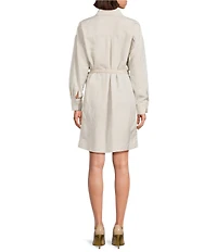 Donna Karan Linen Blend Point Collar Long Sleeve Belted Shirt Dress