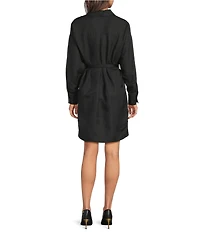 Donna Karan Linen Blend Point Collar Long Sleeve Belted Shirt Dress