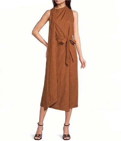 Donna Karan Linen Blend Sleeveless Scarf-Neck Midi A-Line Dress