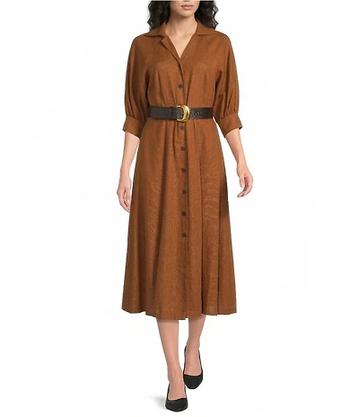 Donna Karan Linen Button Down V-Neck Midi Dress