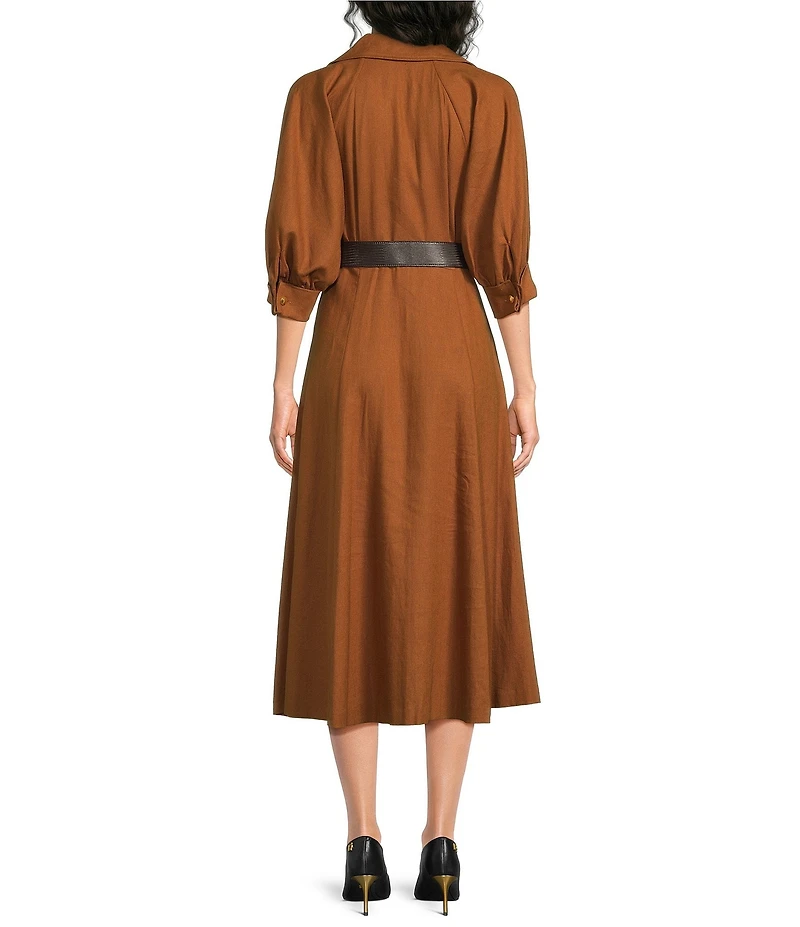 Donna Karan Linen Button Down V-Neck Midi Dress