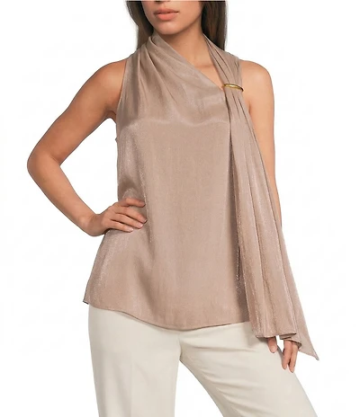 Donna Karan Liquid Shine Asymmetric Halter Scarf Neck Sleeveless Novelty Blouse