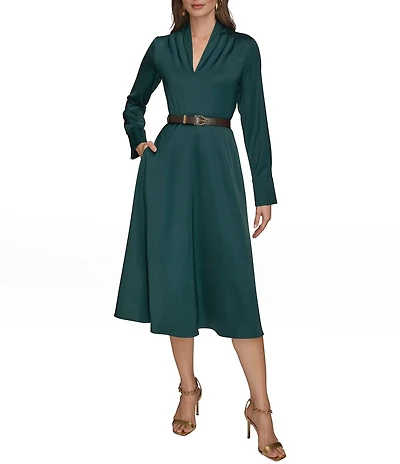 Donna Karan Long Sleeve Belted Satin A-Line Midi Dress